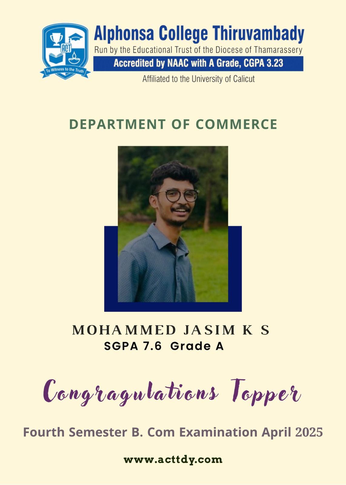 Fourth Semester Topper BCom