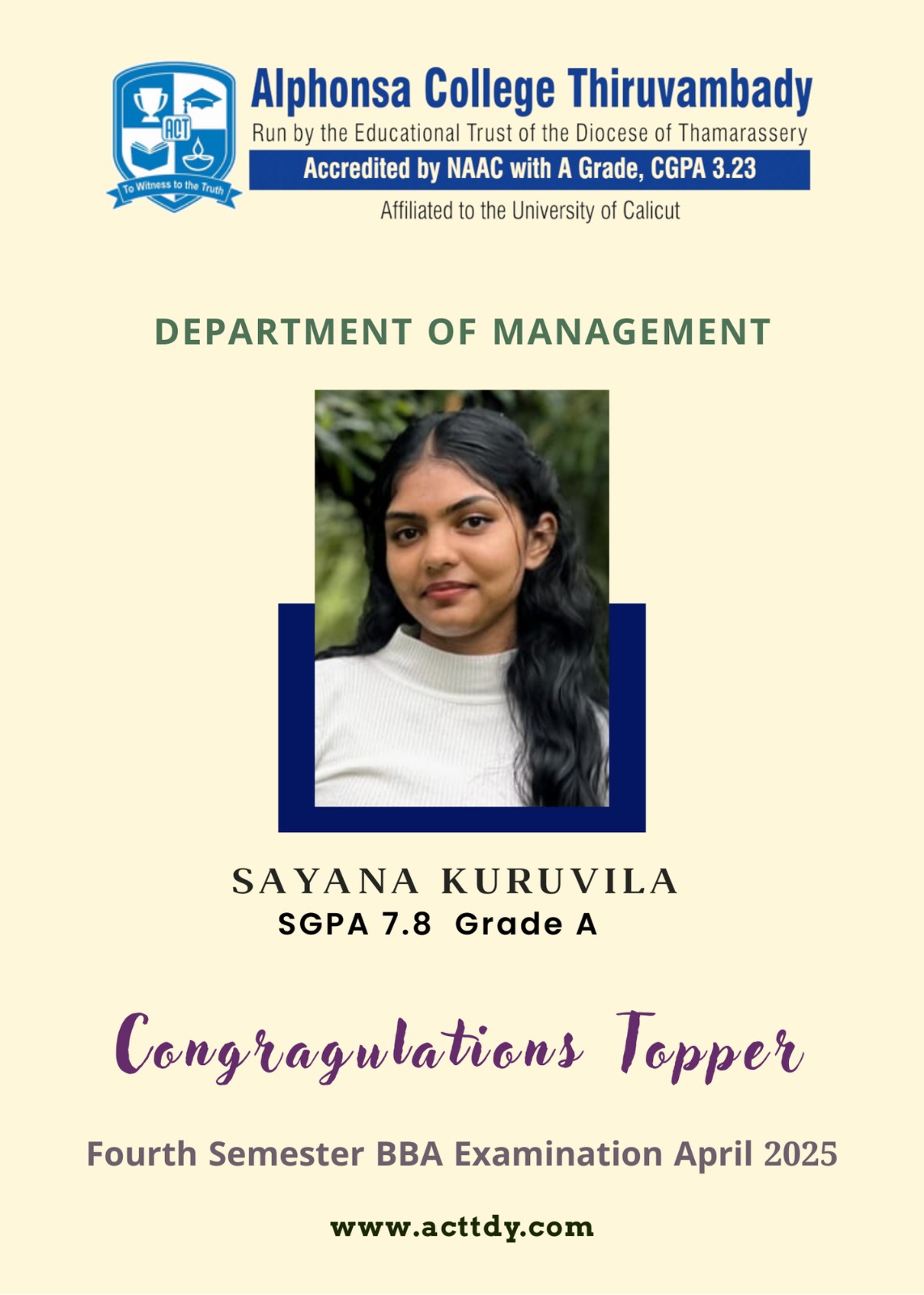 Fourth Semester Topper BBA